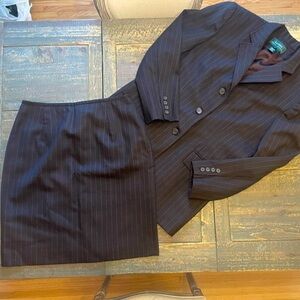 Lauren Ralph Lauren 100% wool skirt suit brown pinstripe size 14 / 12 like new